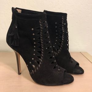 JIMMY CHOO Black Suede Peep Toe Ankle Boot